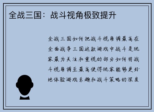 全战三国：战斗视角极致提升